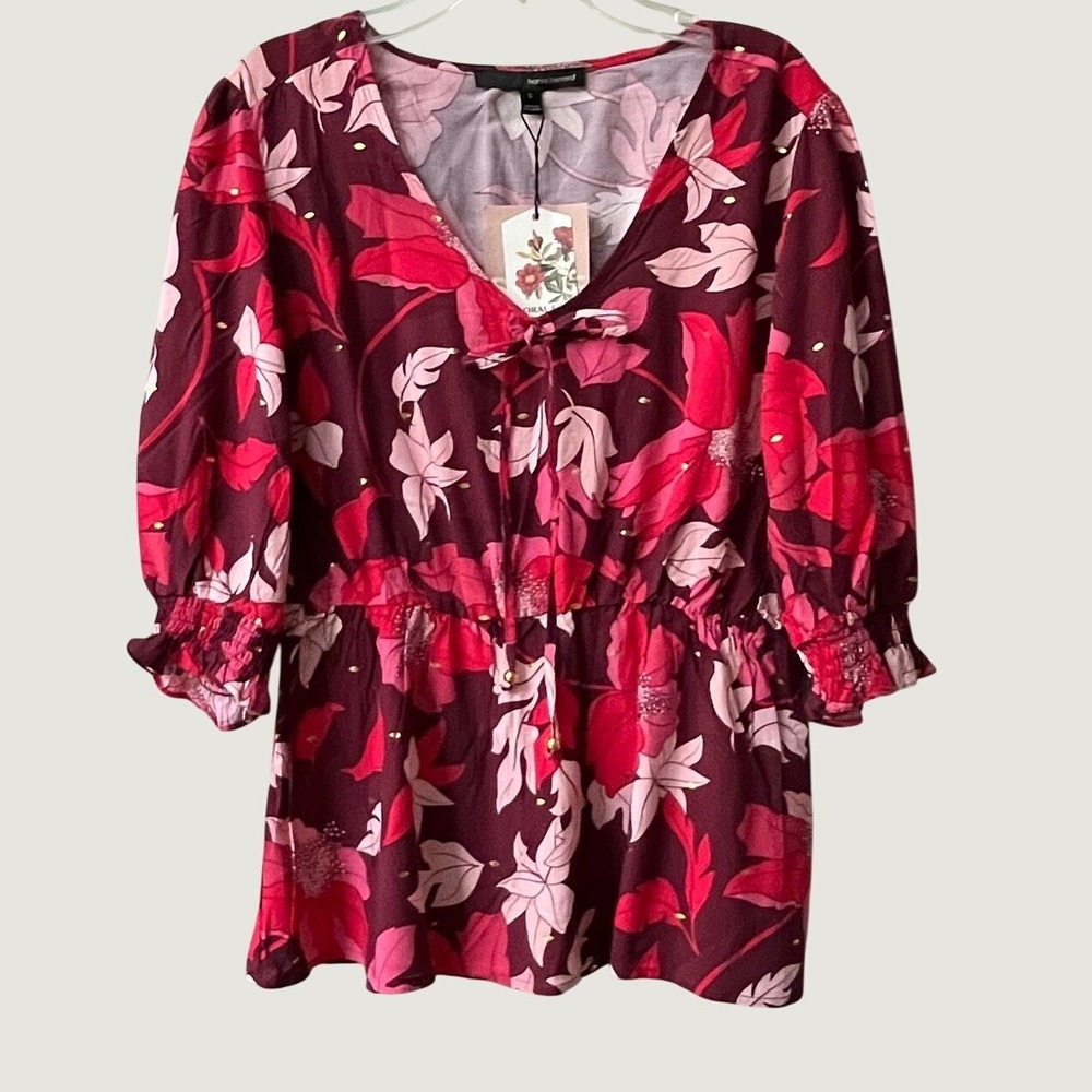Harve Benard NWT Floral Peasant Blouse Womens Small Burgundy Pink Tie Front